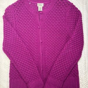 L.L.Bean Open Knit Cardigan Sweater Fuchsia Pink Button Front Women’s Size L